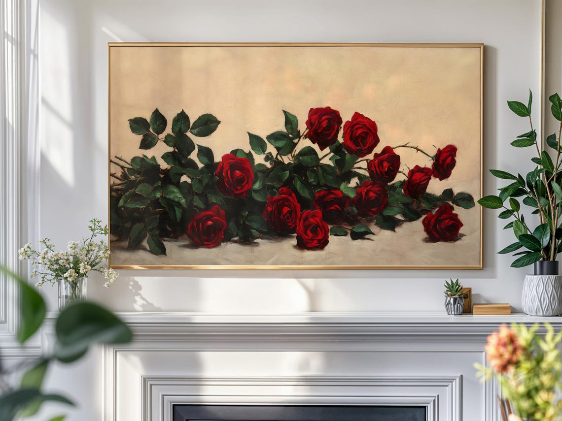 Red Rose Branches Light Neutral Vintage Floral Still Life Poster - Image 4