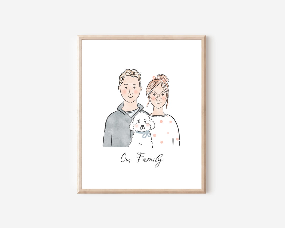 Custom Valentines Day Family Portrait Minimalist Watercolor Couple Drawing Couple Illustration With Pet Couple Gifts Gifts For Her