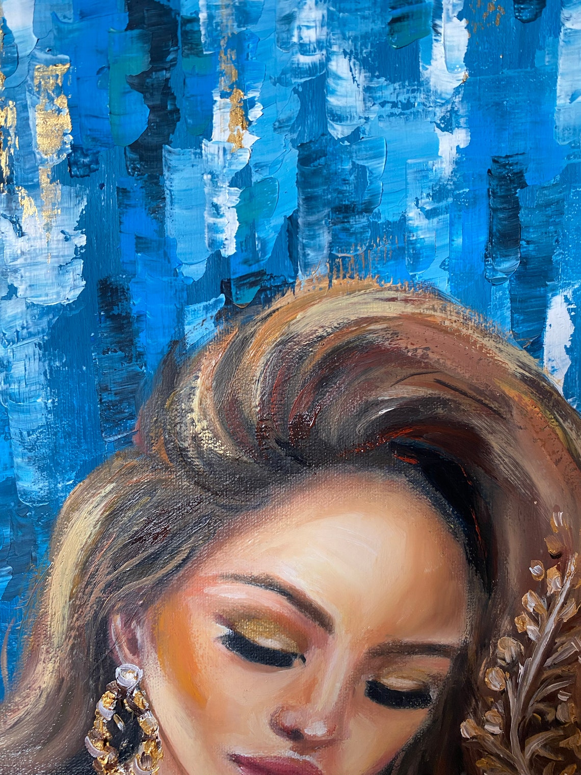 Abstract Woman Oil Painting Blue Ballerina Wall Art Girl In Dress Painting Ballerina Tying Pointe Shoes Sitting Ballerina Painting On - Image 2