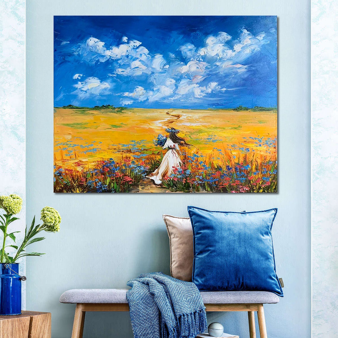 Girl In Golden Wheat Field Wildflower Crown Blue Sky Art Poster - Image 3