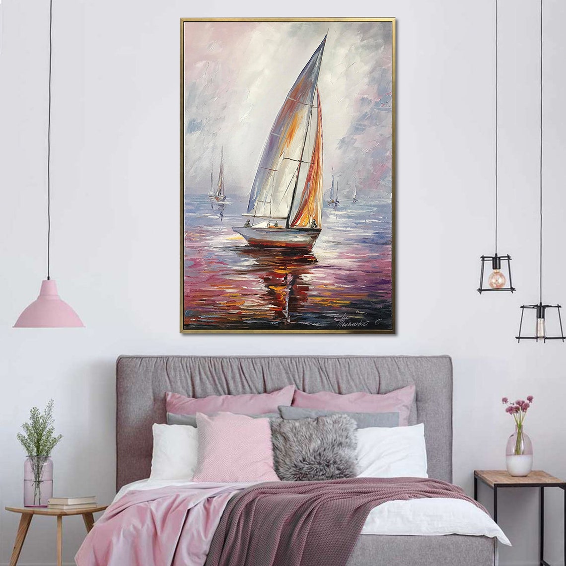 Sail Boat Painting Sunset Oil Painting Original Sea Boat Art Decor Harbor Painting Framed Ship Wall Art Boat Yacht Oil Painting - Image 3