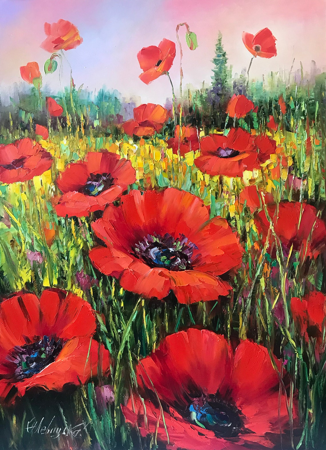 Red Poppies Painting Handpainted Wildflowers Field Wall Art Red Flower Painting On Poppy Filed Painting Original Floral Oil Artwork