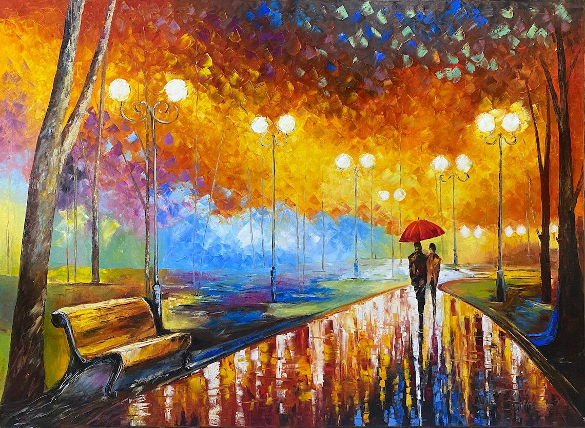 Couple Walking in Park, Autumn Rain Art Print