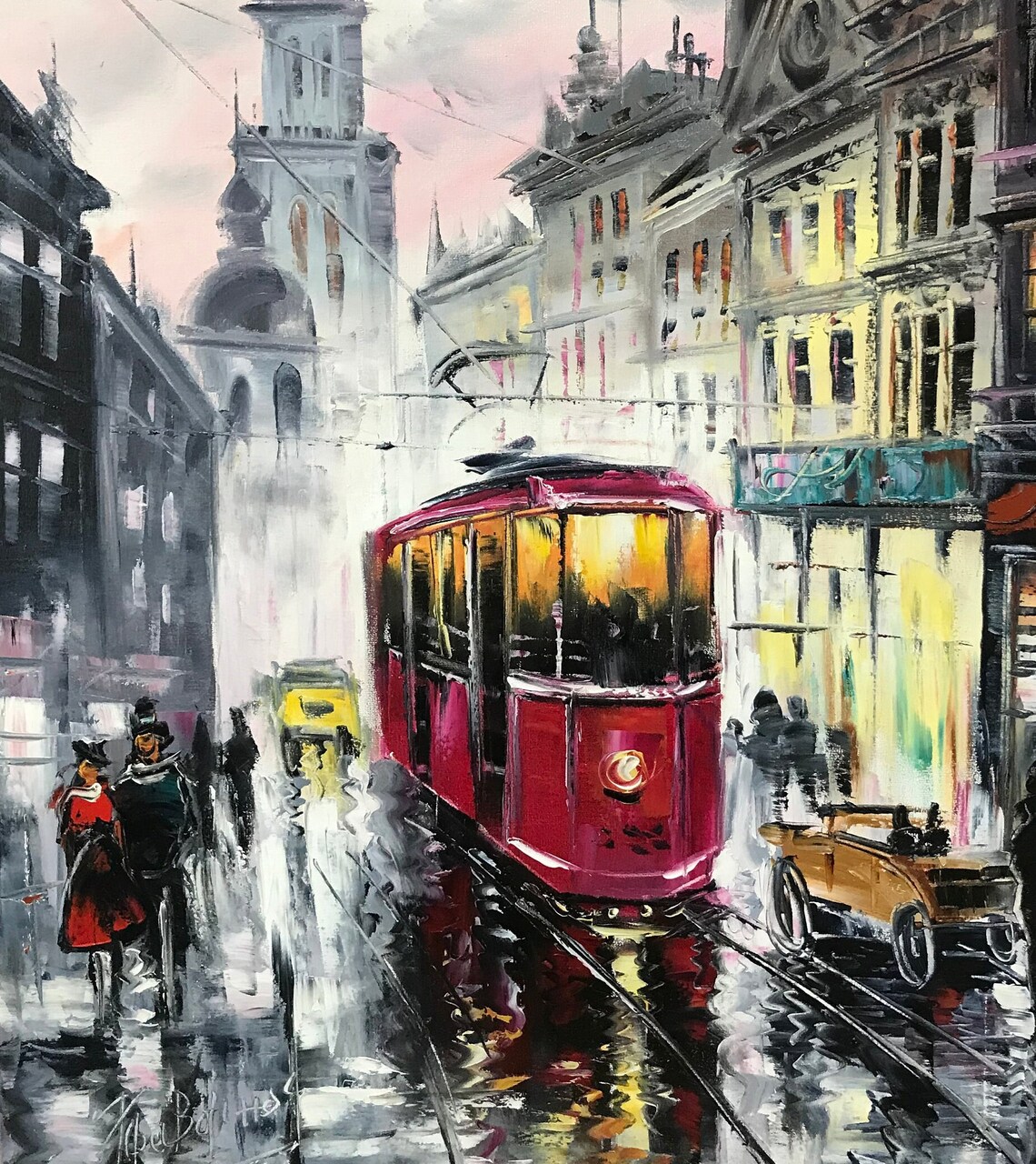 Red Vintage Tram Rainy European Old Town Street Night Lights Poster - Image 2