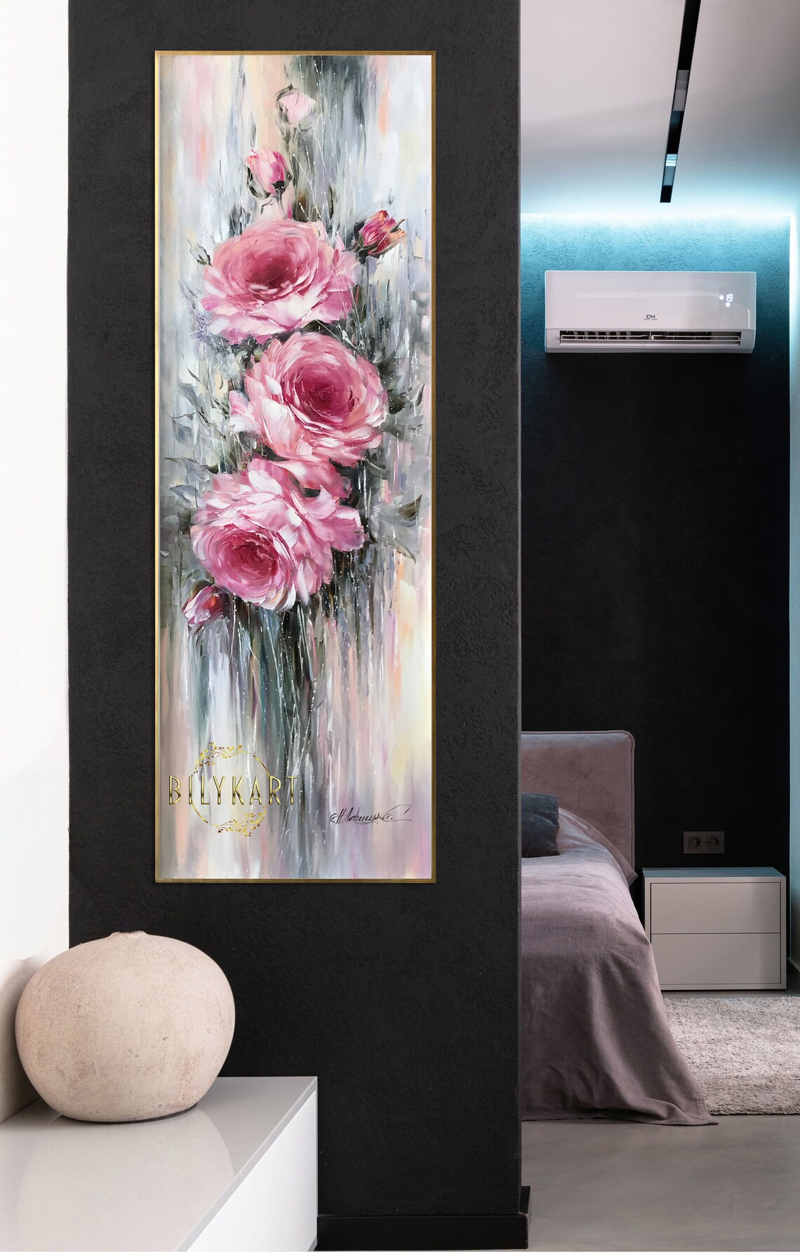 Tall Pink Roses Vertical Oil Painting Narrow Wall Floral Art Poster - Image 2