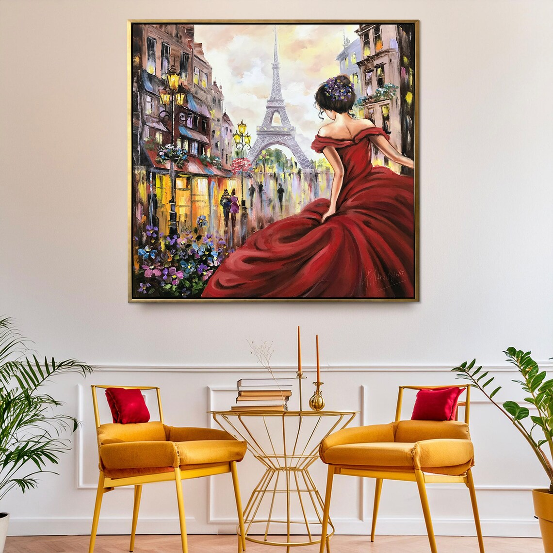 Woman Red Gown Eiffel Tower Paris Street Lamp Romantic City Poster - Image 3