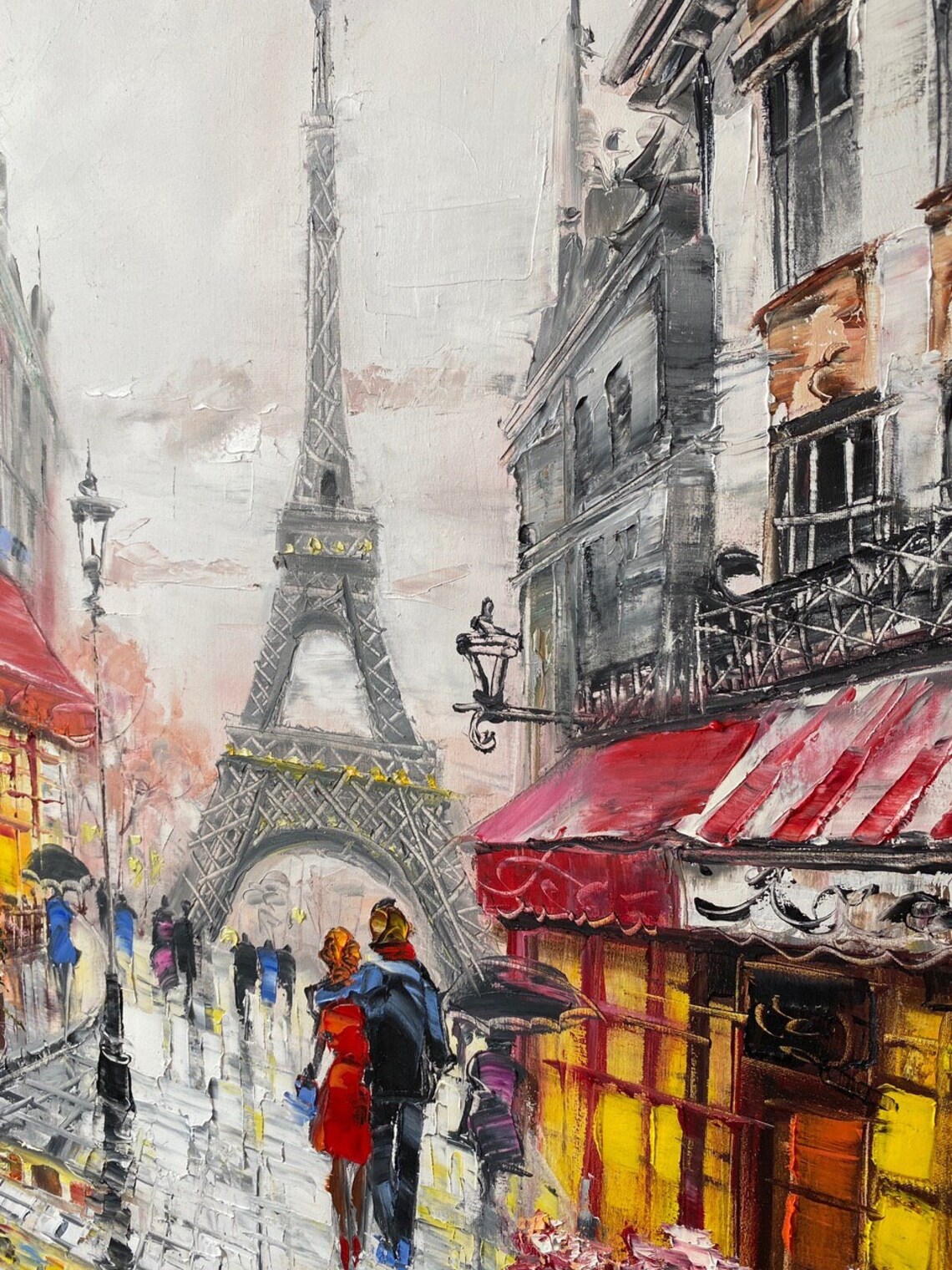 Paris Cafe Oil Painting, Romantic Couple Walking Art Print - Image 2