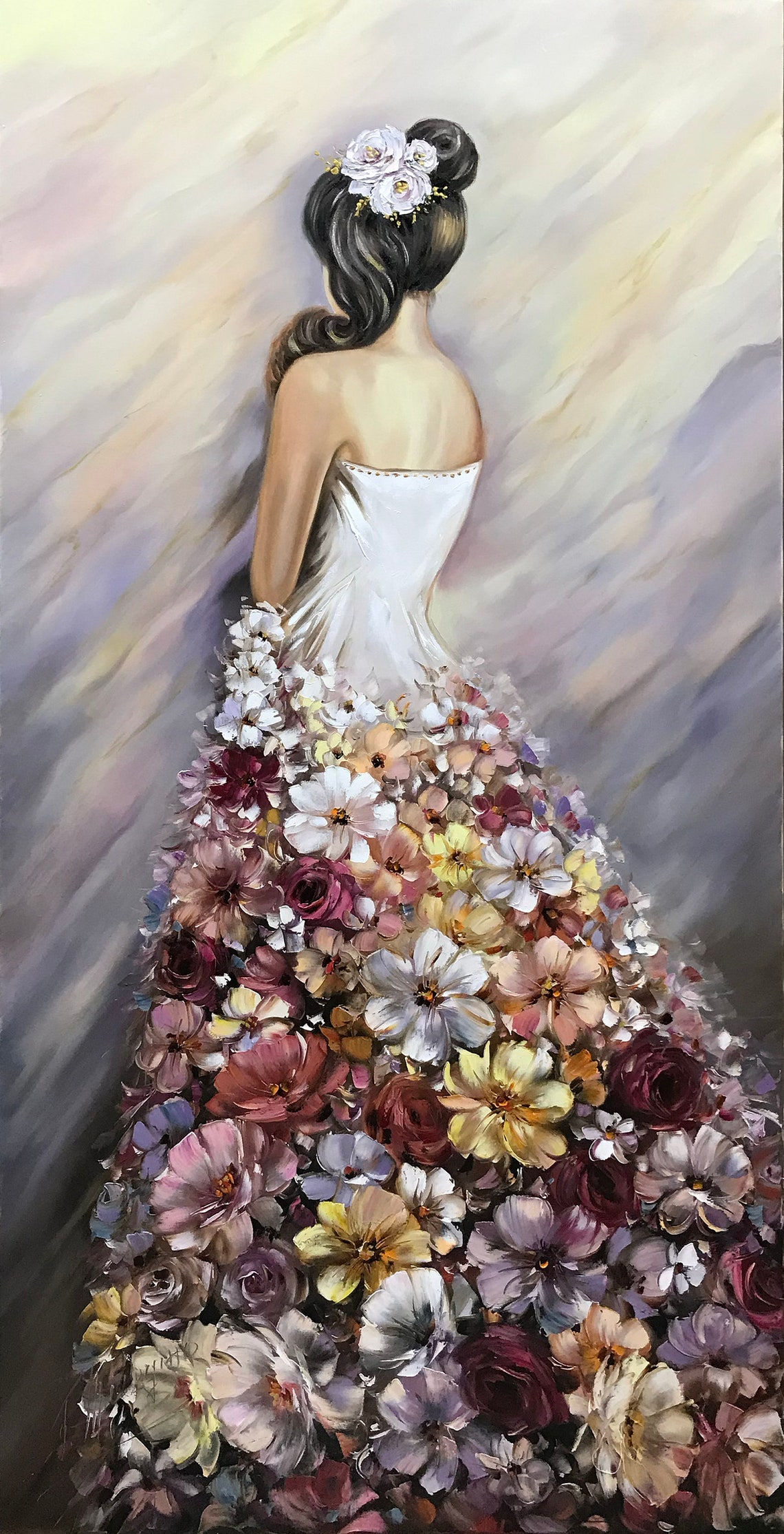 Woman In Flower Dress Oil Painting Original 30x60 Wall Art Extra Large Girl In Floral Dress Painting Modern Woman Back Painting - Image 2