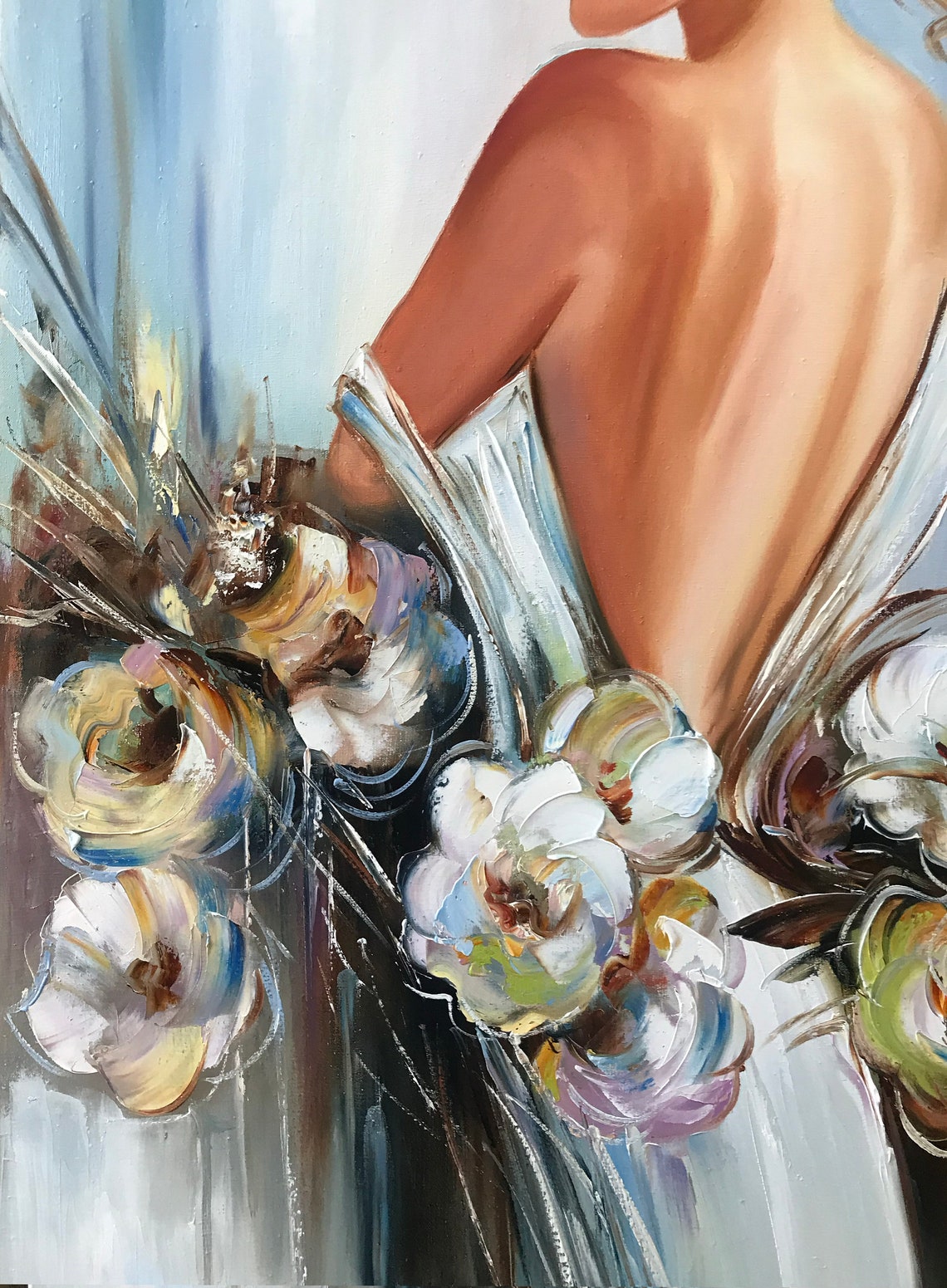 Girl In White Dress Painting On Lady With Flowers Painting White Orchid Framed Art Woman Back Oil Painting Original Stylish Girl Art - Image 2