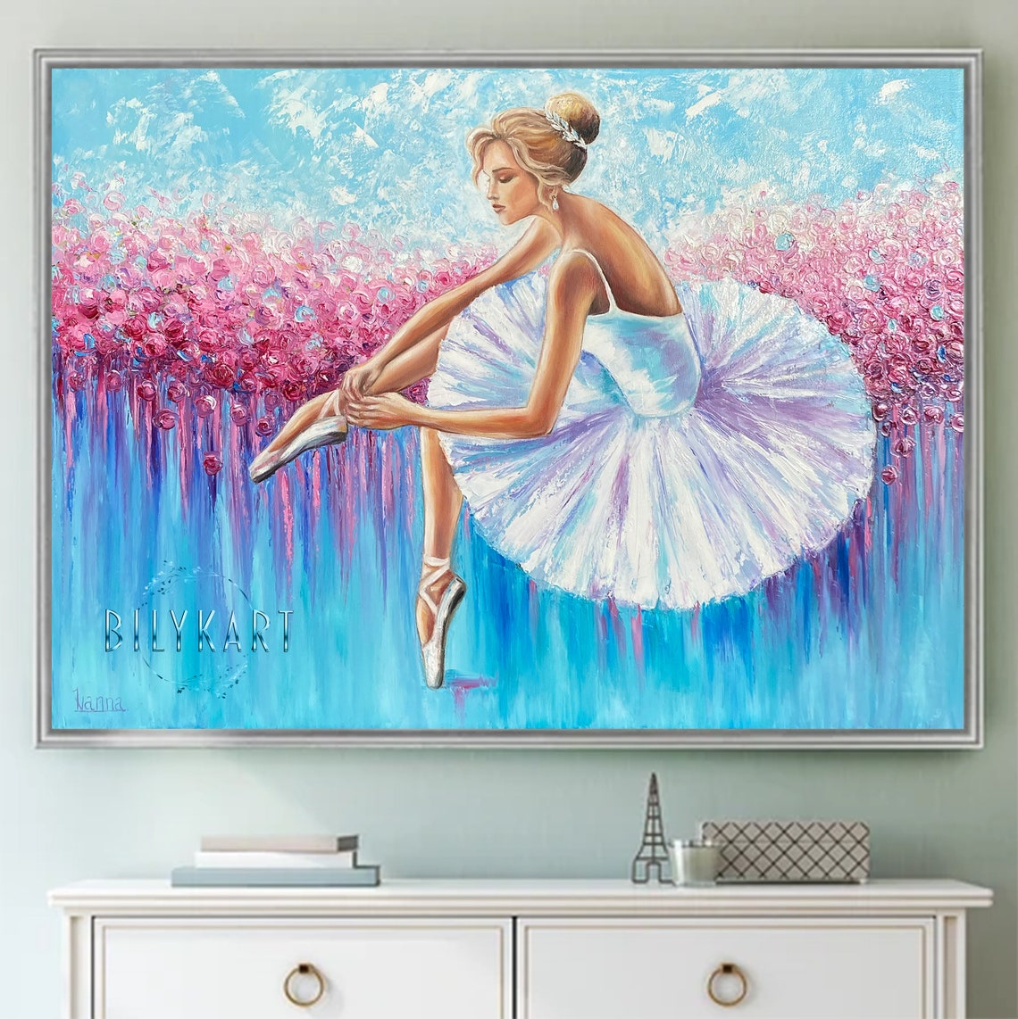 Abstract Ballerina Oil Painting Pink Ballerina Wall Decor For Girl In White Dress Painting Blue Ballerina Pointe Shoes Painting On - Image 3