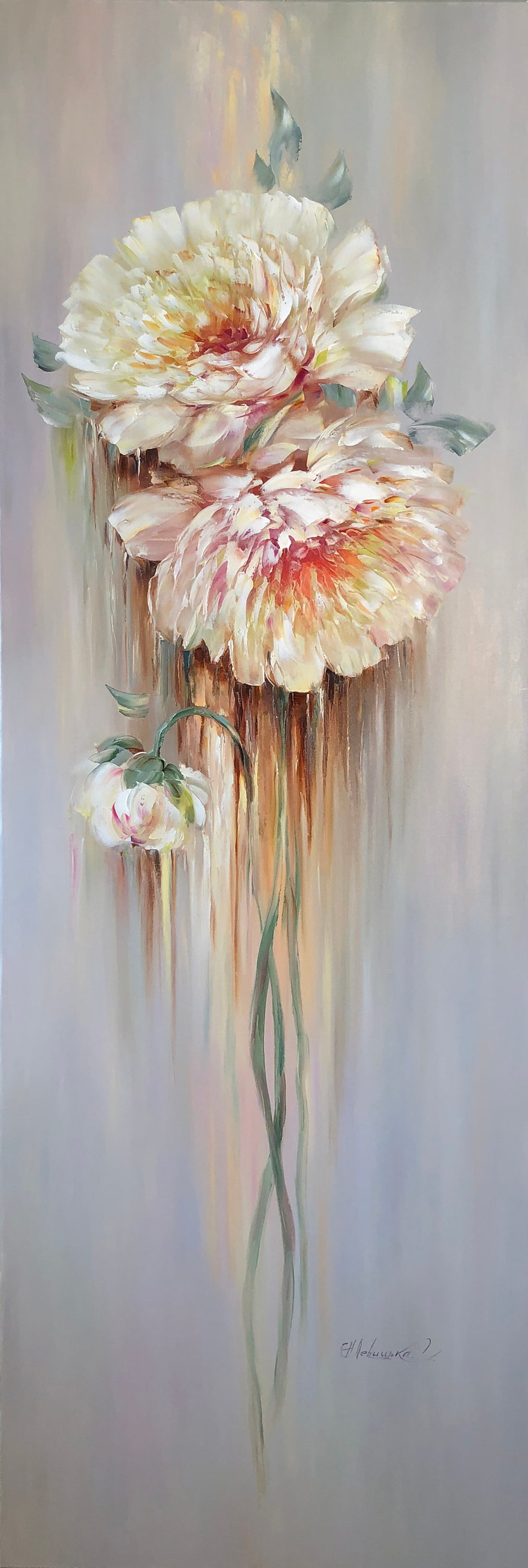 Cream Peonies Tall Narrow Floral Abstract Gold Framed Wall Art Print - Image 3