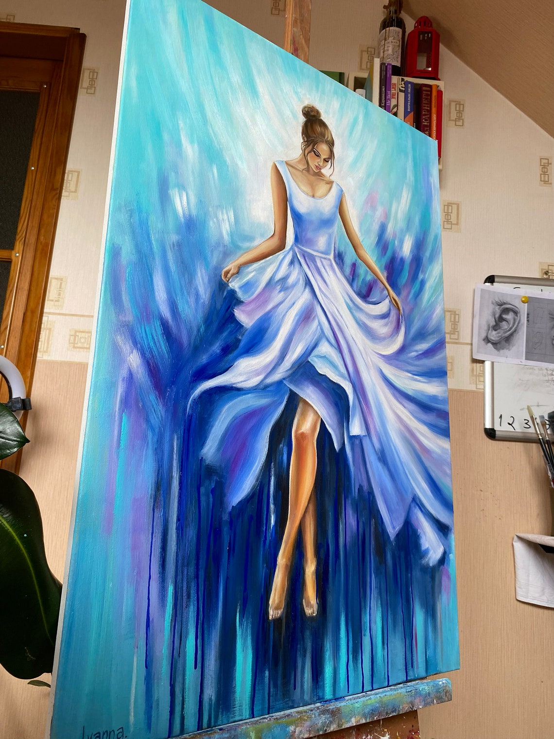 Abstract Woman Painting On Girl Modern Wall Art Woman In Blue Dress Oil Painting Original Female Art Dark Teal Blue Elegant Painting - Image 2
