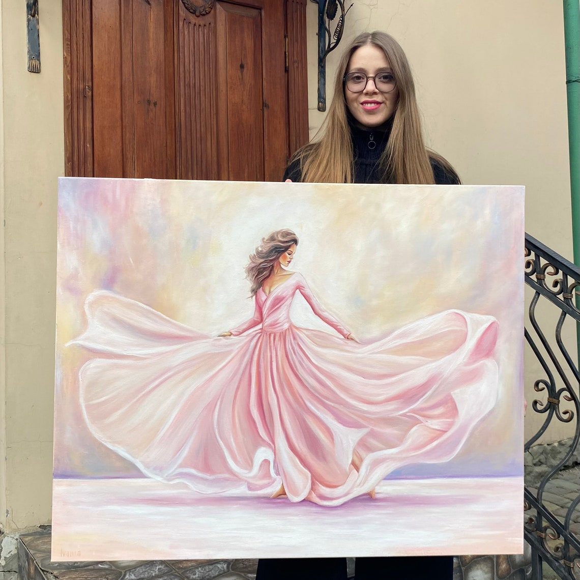 Dancing Woman Painting On Pink Ballerina Wall Art Elegant Lady In Pink Dress Painting Modern Ballerina Art Dancer Oil Painting - Image 3