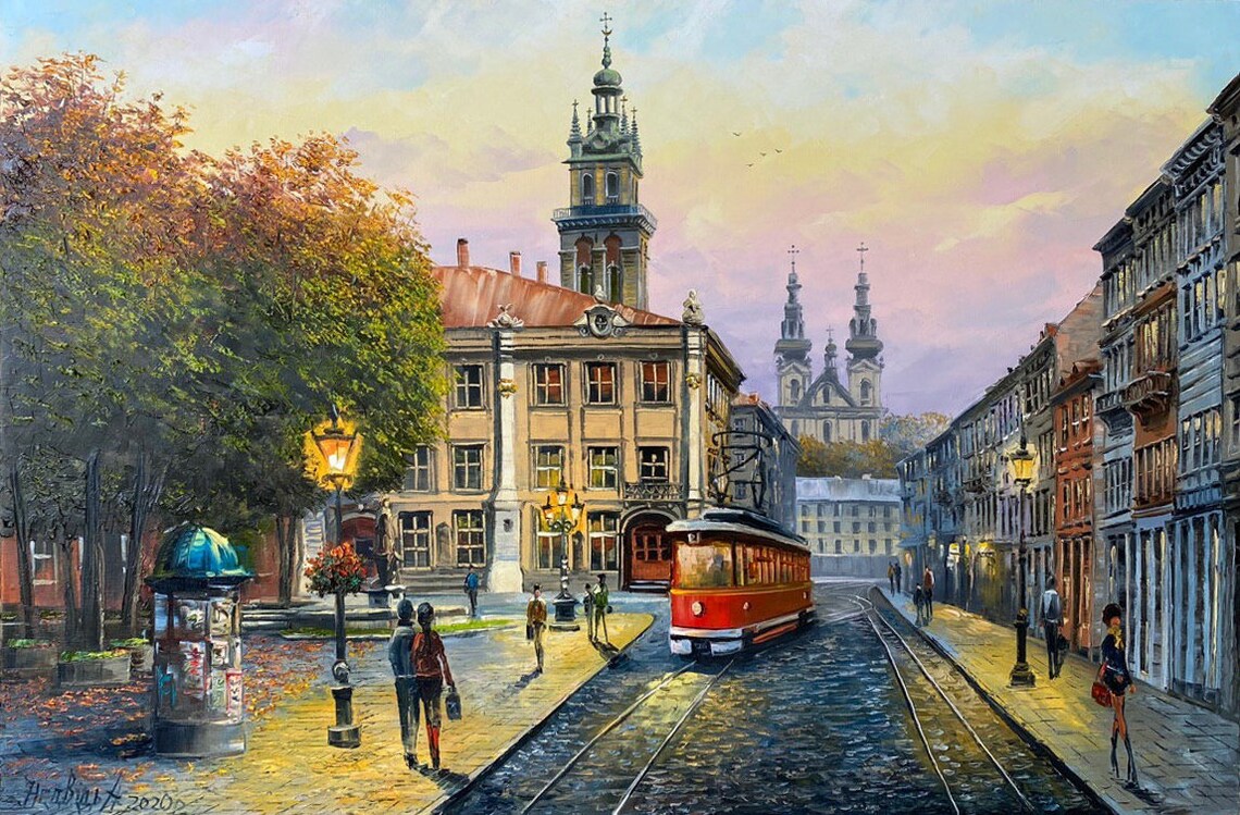 Lviv Cityscape Art Print, Colorful Sunset Evening