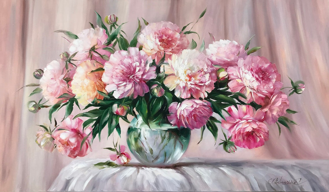 Peony Bouquet Painting Original Art Work Pink Flowers Painting Peony Wall Art Victorian Oil Painting Still Life Flowers Painting On