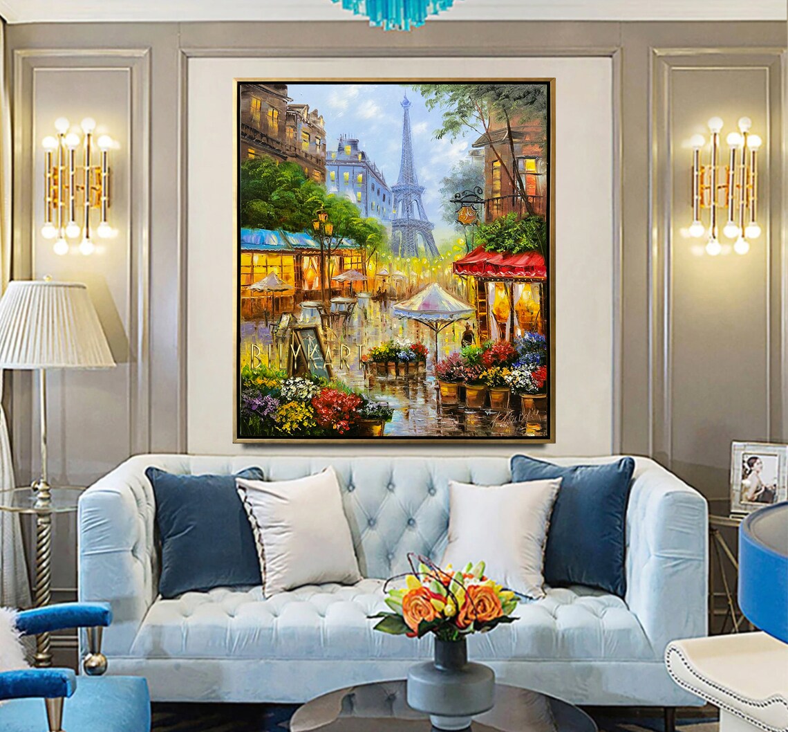Paris Eiffel Tower Night City Oil Painting Print - Image 2