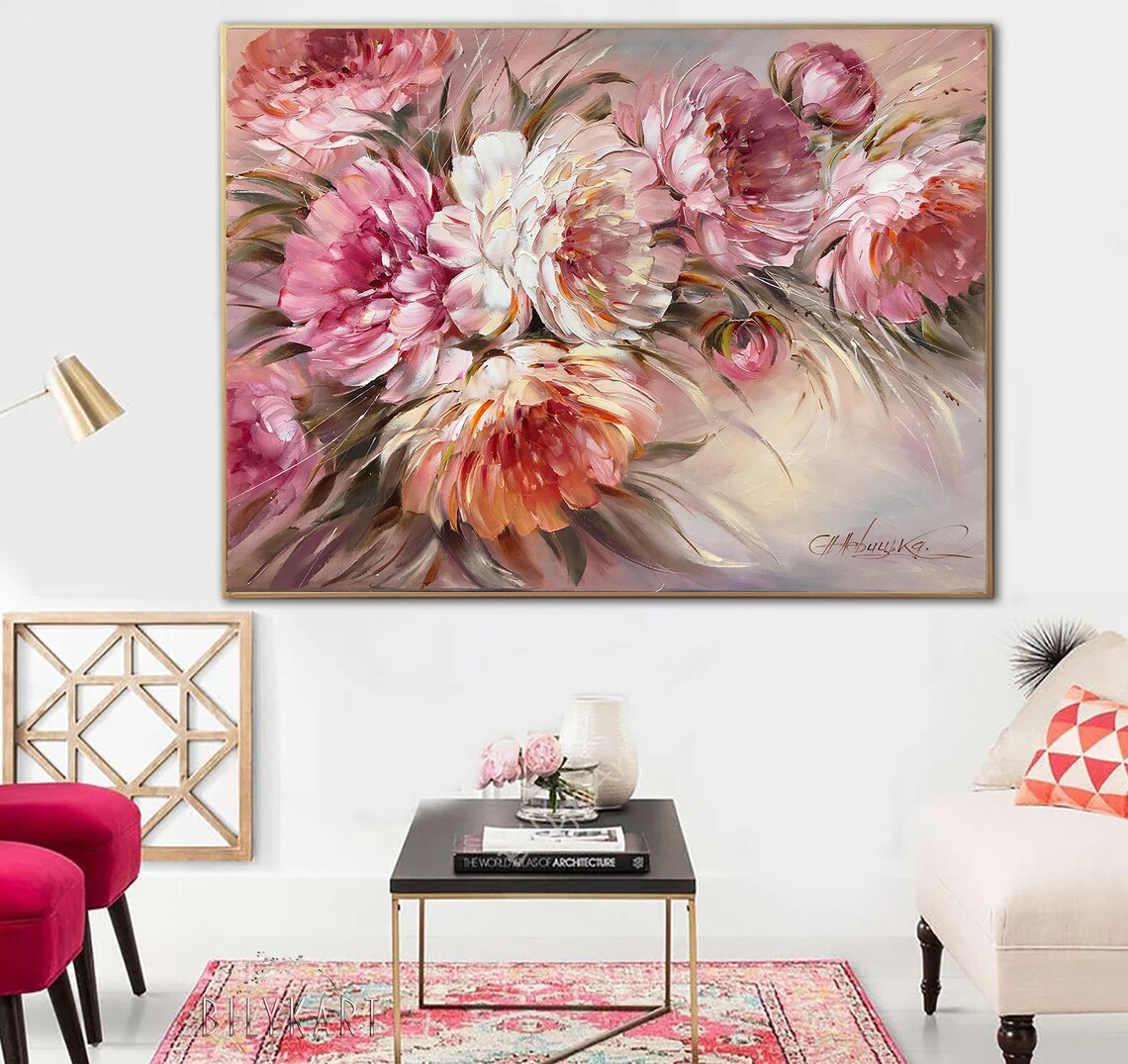 Pink Peonies Abstract Floral Art Print, Oil Painting - Image 3