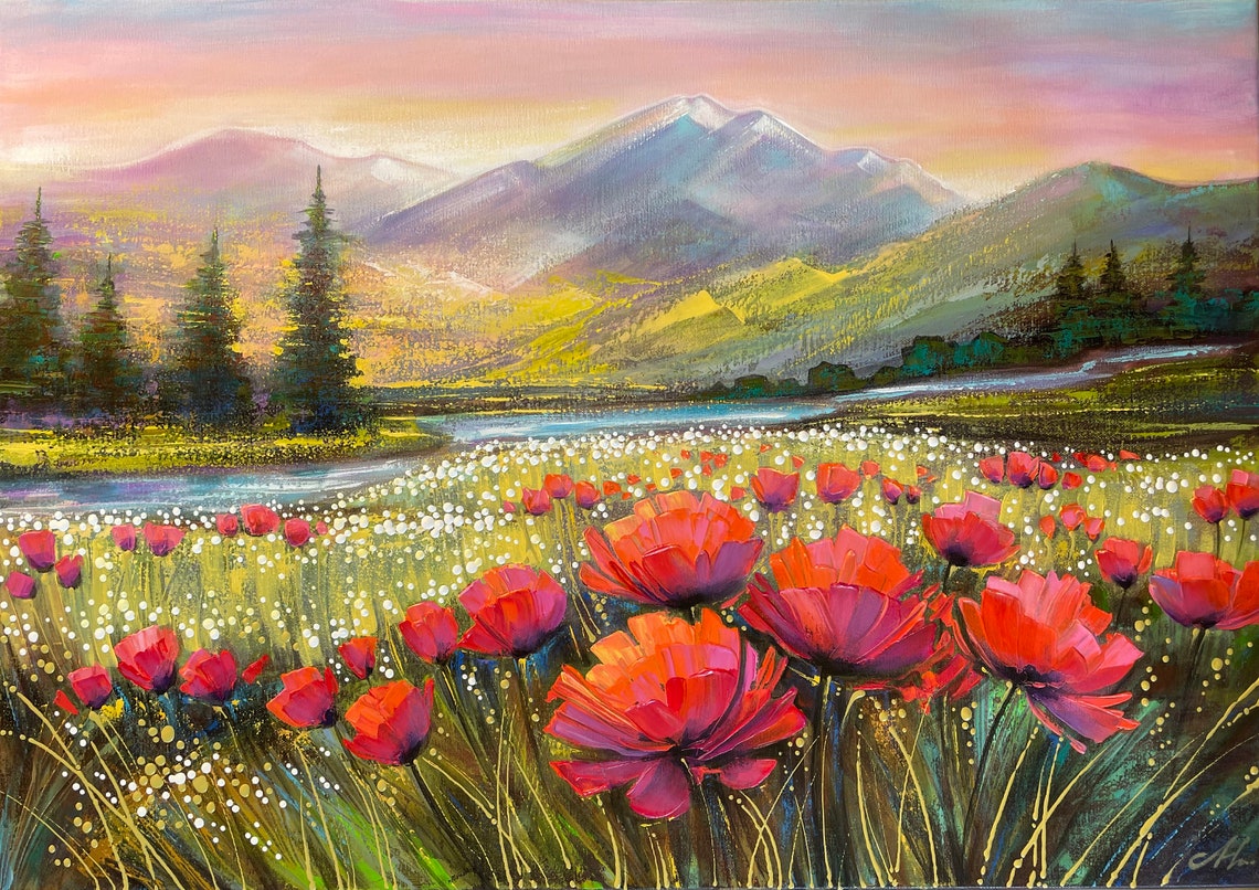 Colorado Mountain Art Painting Original Poppy Field Painting Blue Ridge Mountains Wall Art Wildflowers And Mountain Landscape Painting