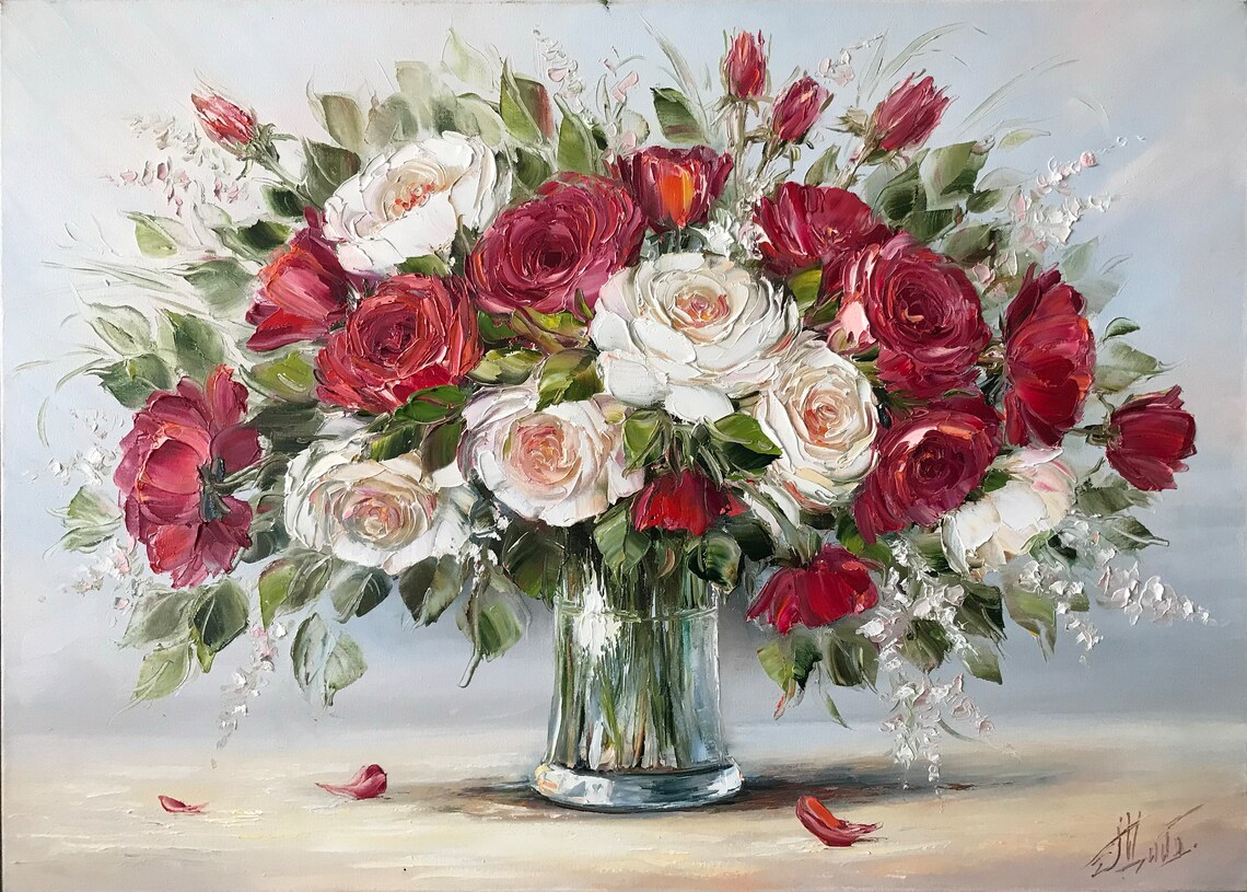Red And White Roses Glass Vase Classic Impasto Bouquet Art Poster