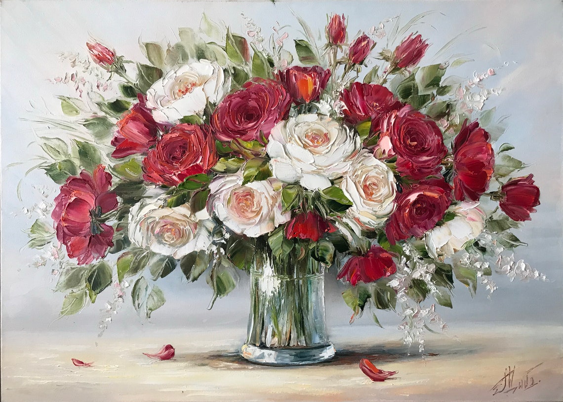 Red Roses Oil Painting Original Flowers In A Vase Painting Classic Wall Art Textured Flowers Art Roses Bouquet Oil Painting Art Gift For Her