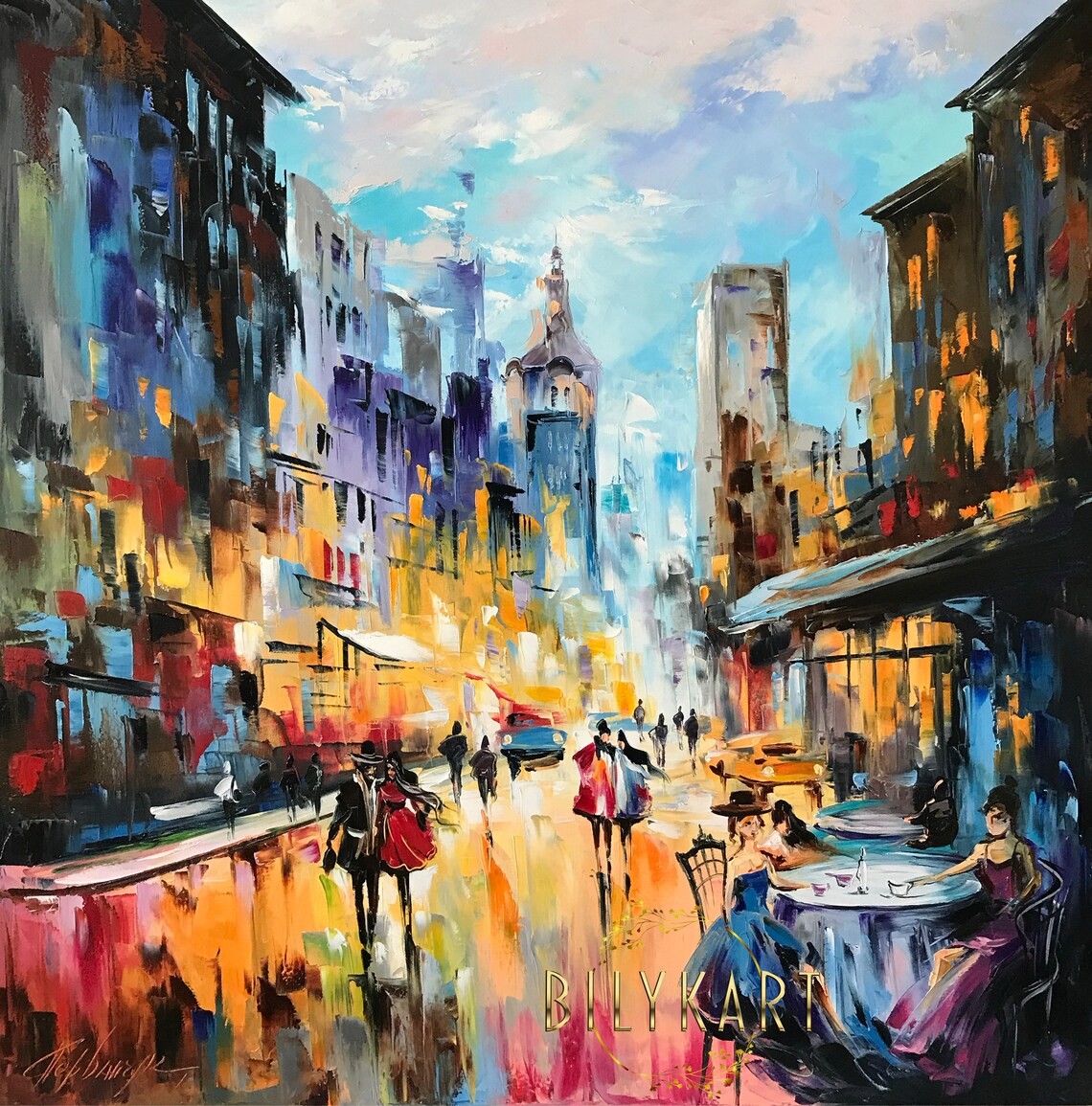 Paris Cafe Abstract City Art Print, Oil Painting