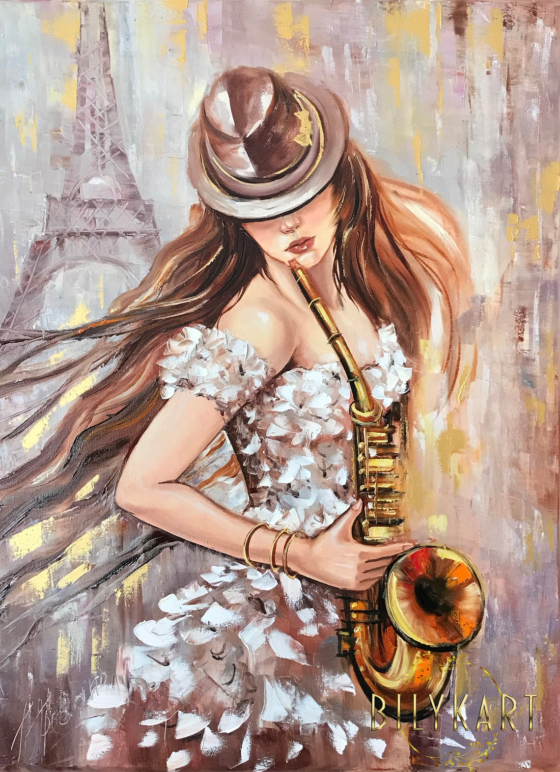 Woman With Saxophone Painting On Jazz Oil Painting Abstract Music Jazz Art Saxophone Art Lady In Paris Oil Painting Saxophone Gift - Image 3