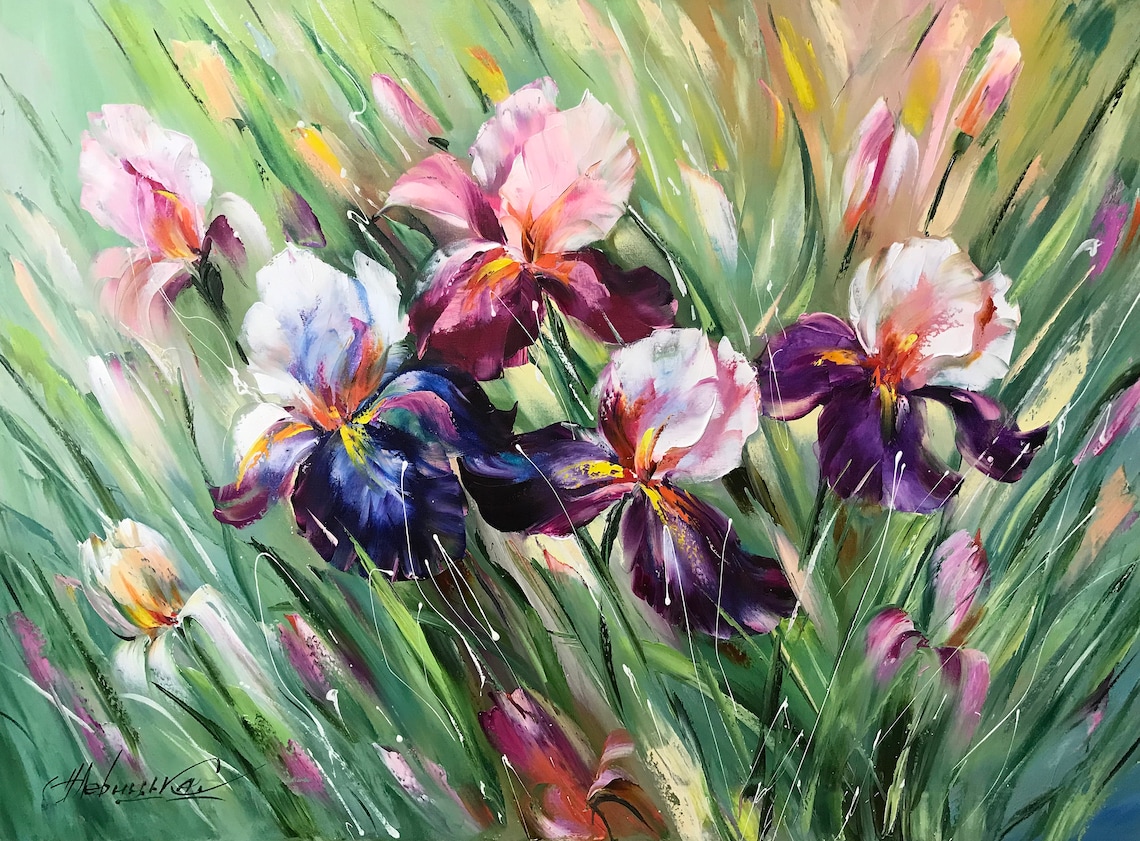 Purple Pink Iris Flowers Green Garden Blooms Impressionist Art Poster