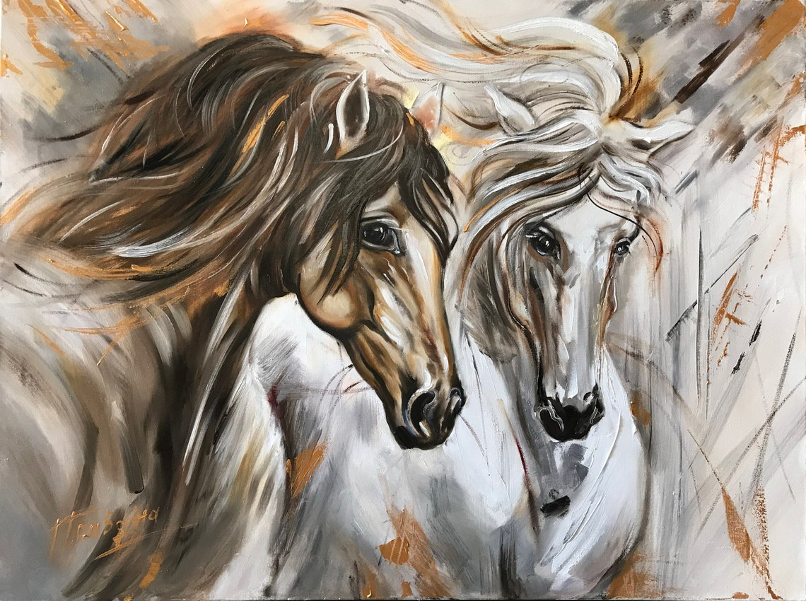 Large Horse Oil Painting On Abstract Wild Horse Art Two Horses Equestrian Painting Arabian Horse Artwork Large White Horse Painting - Image 3
