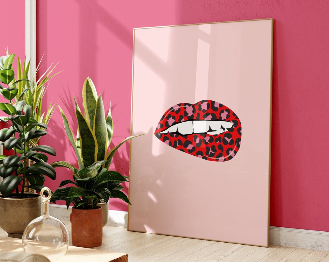 Lips Print Colourful Wall Art, Pink Bedroom Decor