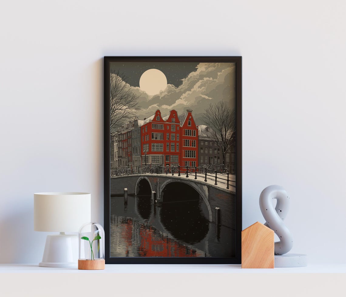 Amsterdam Canal Moonlit Night Vintage Dutch Cityscape Poster