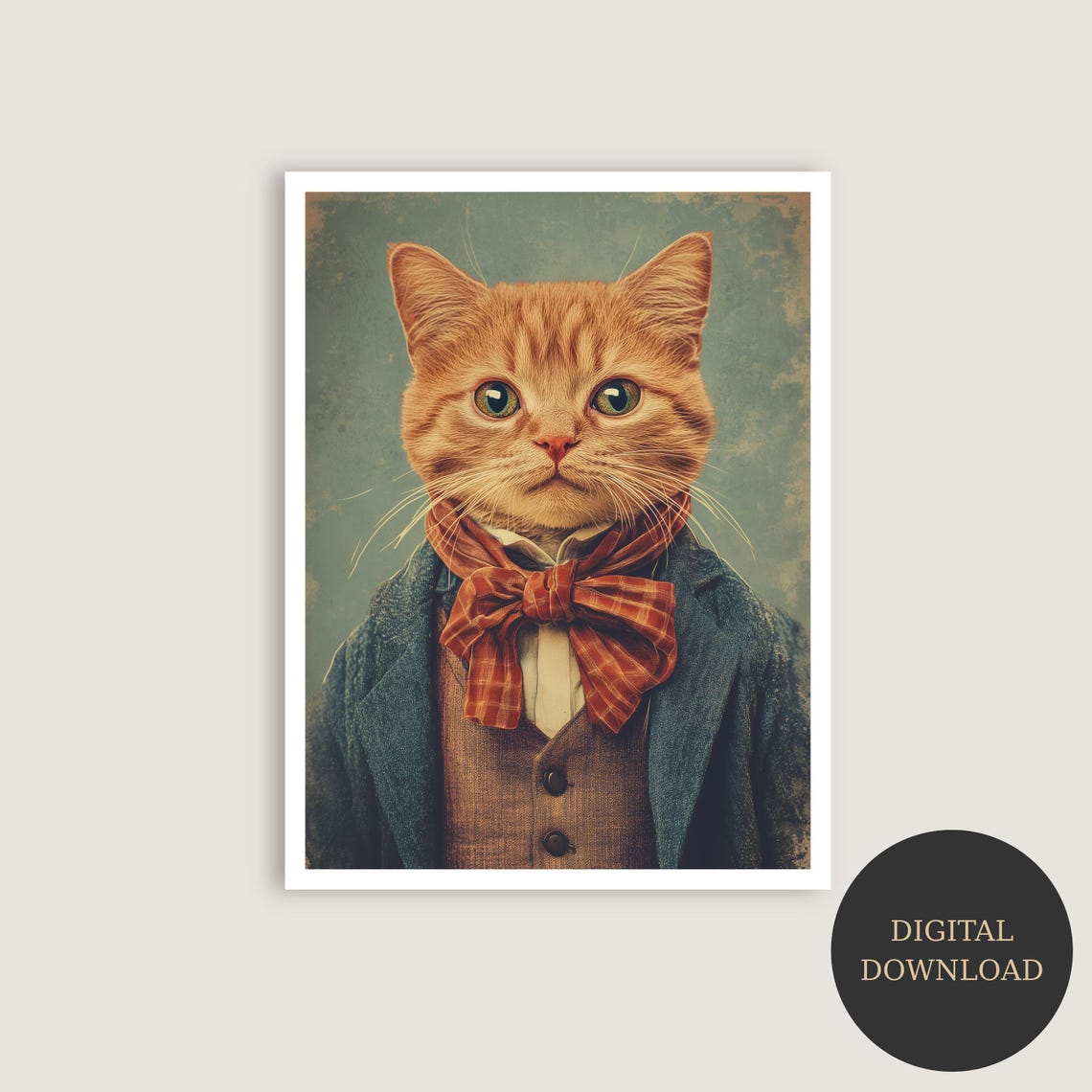 Dapper Ginger Tabby Cat in Tweed Coat and Plaid Bow Tie Feline Poster