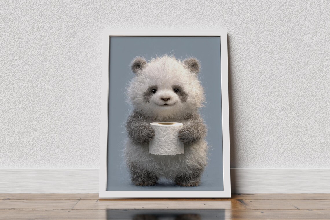 Cute Fluffy Panda Holding Toilet Paper Funny Bathroom Humor Poster