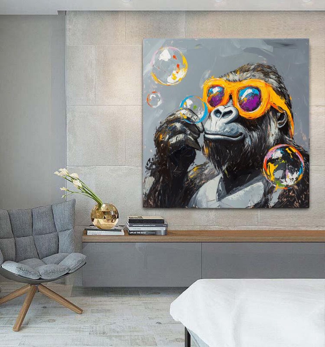 Playful Gorilla in Orange Sunglasses Blowing Shiny Bubbles Wall Art - Image 2