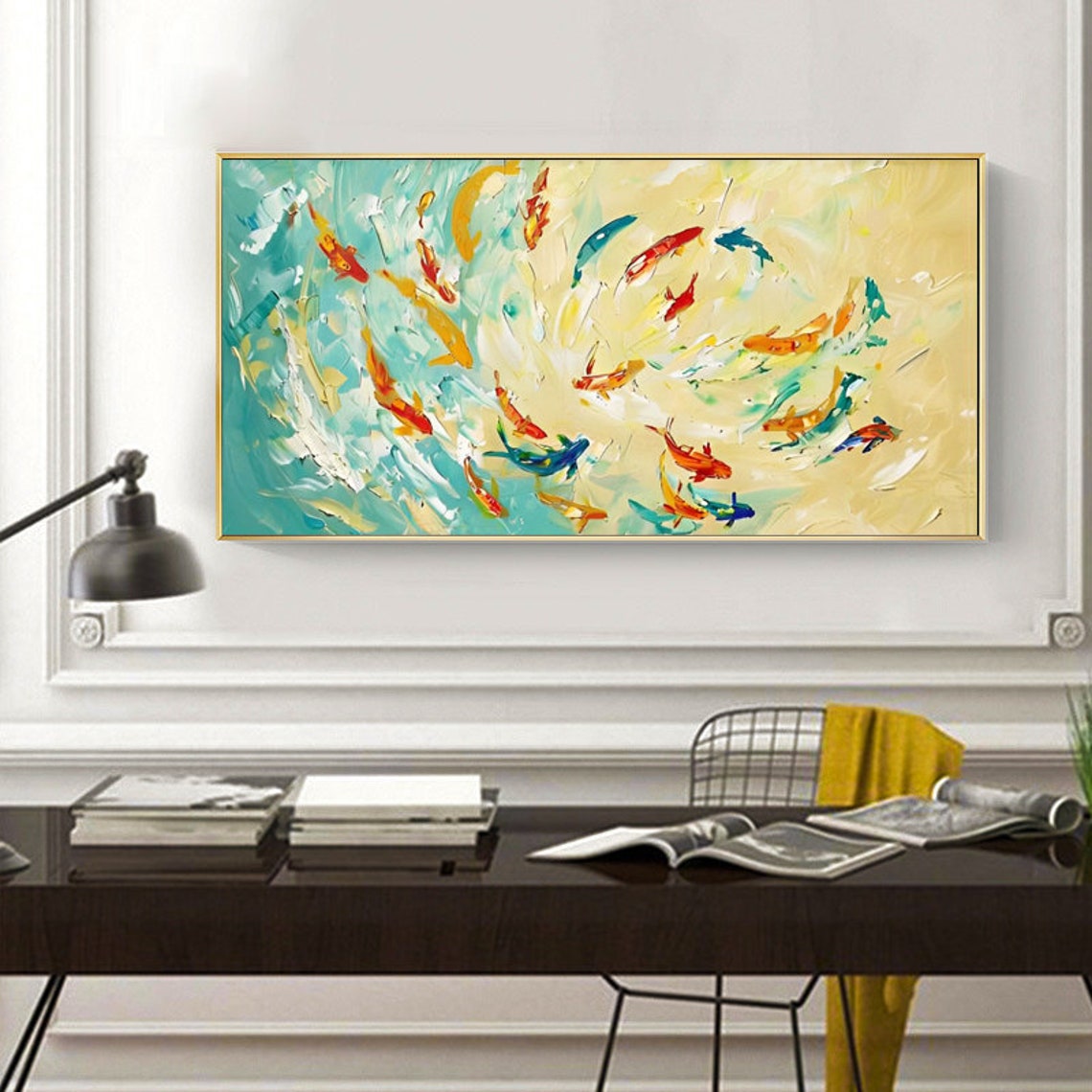 Koi Fish Swirling In Yellow Teal Abstract Water Art Painting Poster - Image 3
