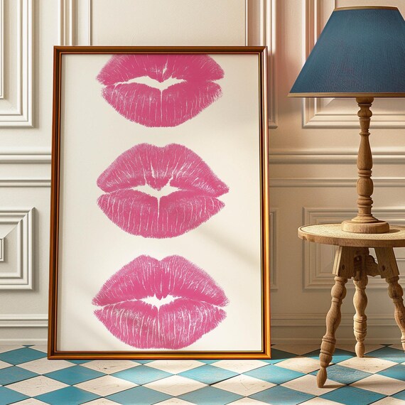 Kiss Lips Poster Trendy Pink Wall Art Retro Print For College Apartment Teen Girl Room Decor