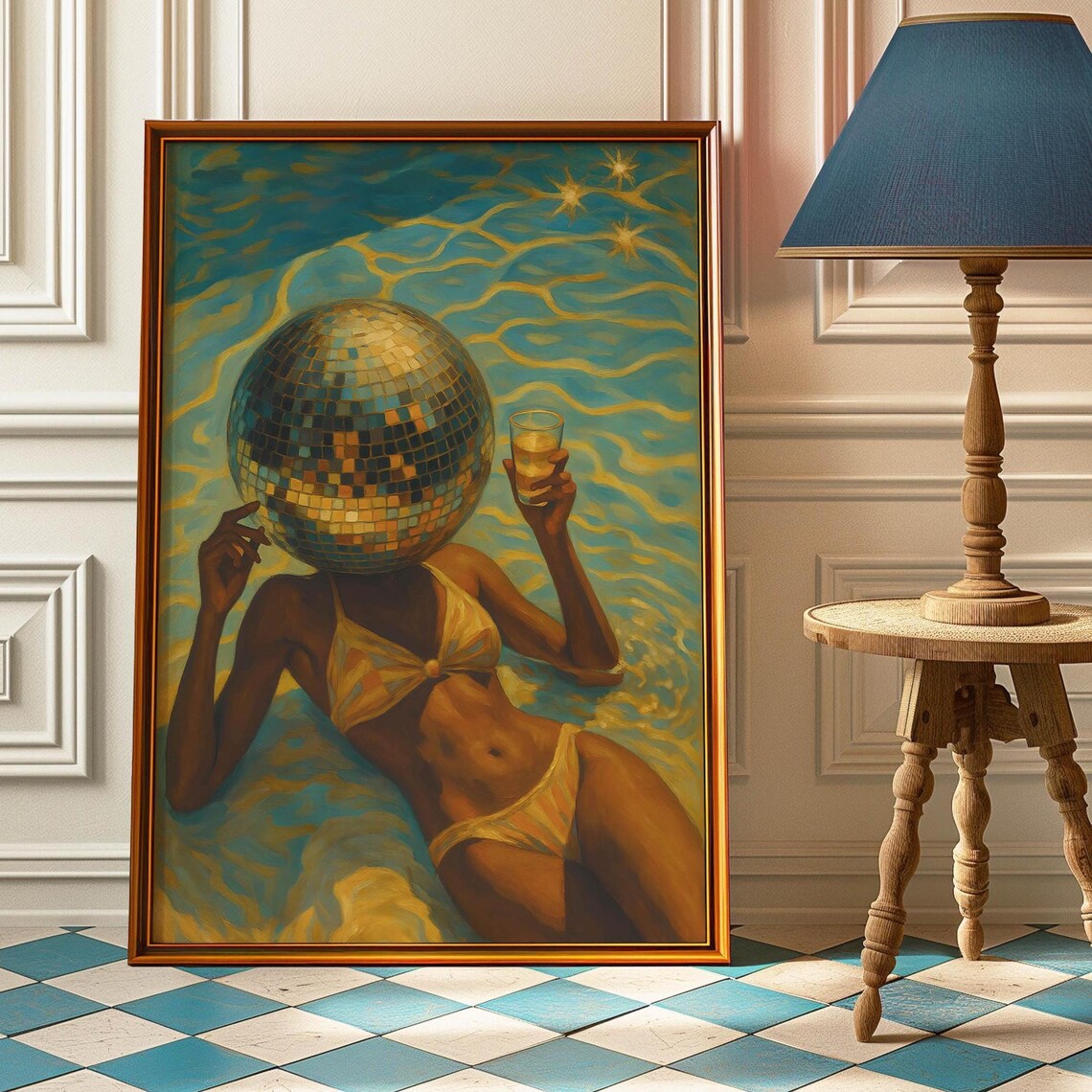 Disco Ball Woman Sunbathing In Bikini, Vintage Art Print