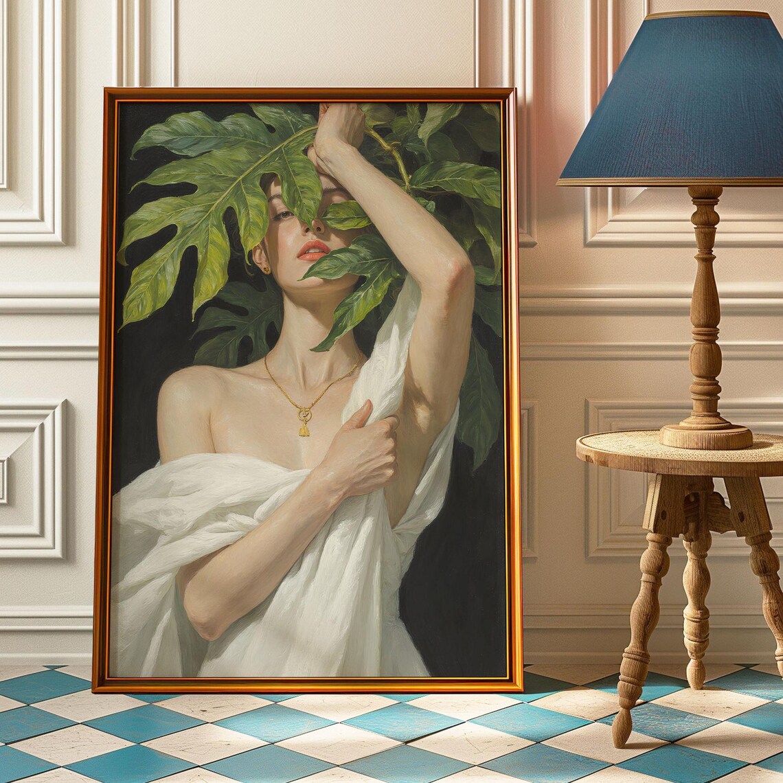 Vintage Woman With Green Leaves Art Print, Botanical Portrait