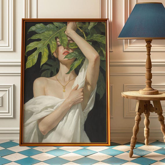 Vintage Woman With Green Leaves Art Print, Botanical Portrait