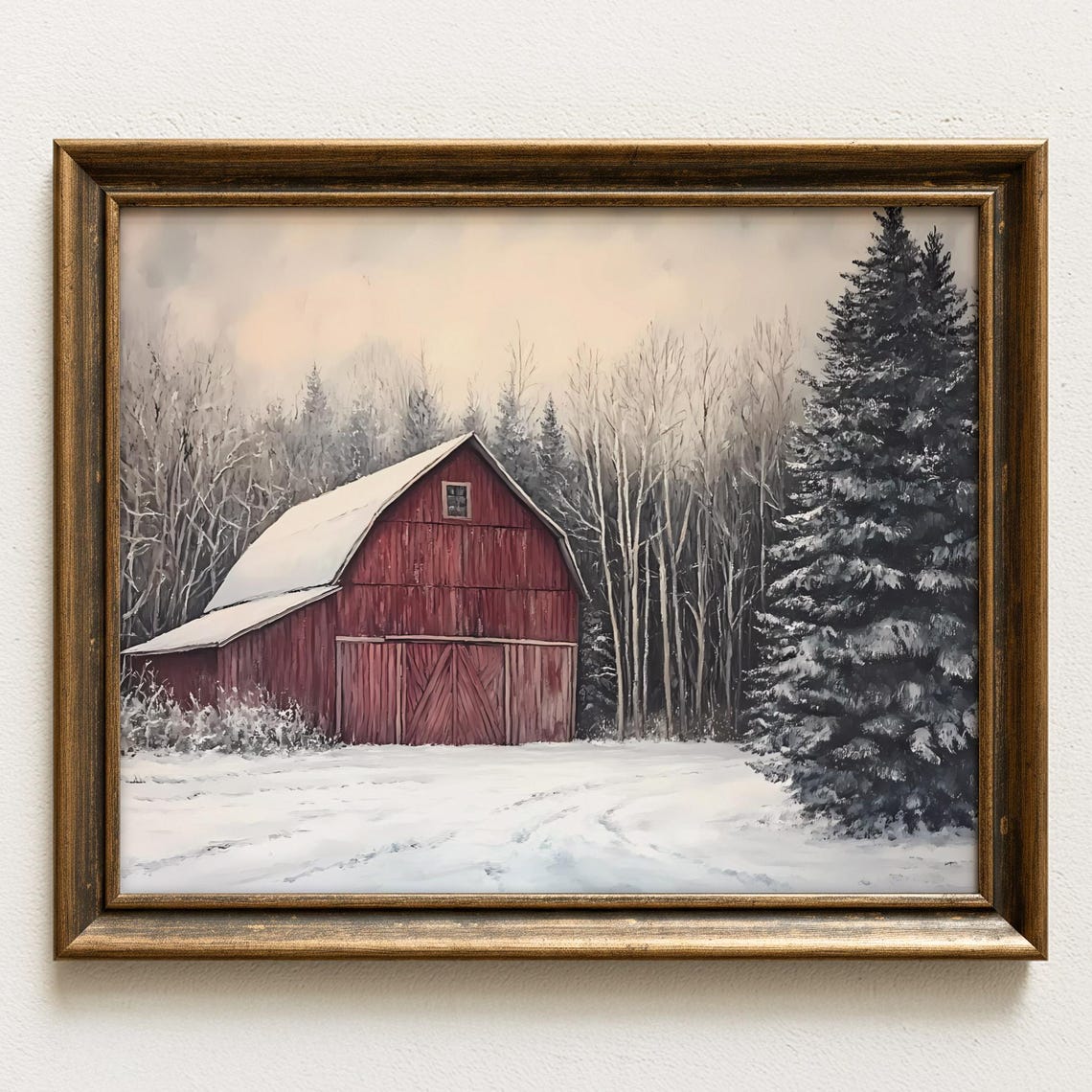 Red Barn in Snow Winter Landscape Wall Art Rustic Farmhouse Scene