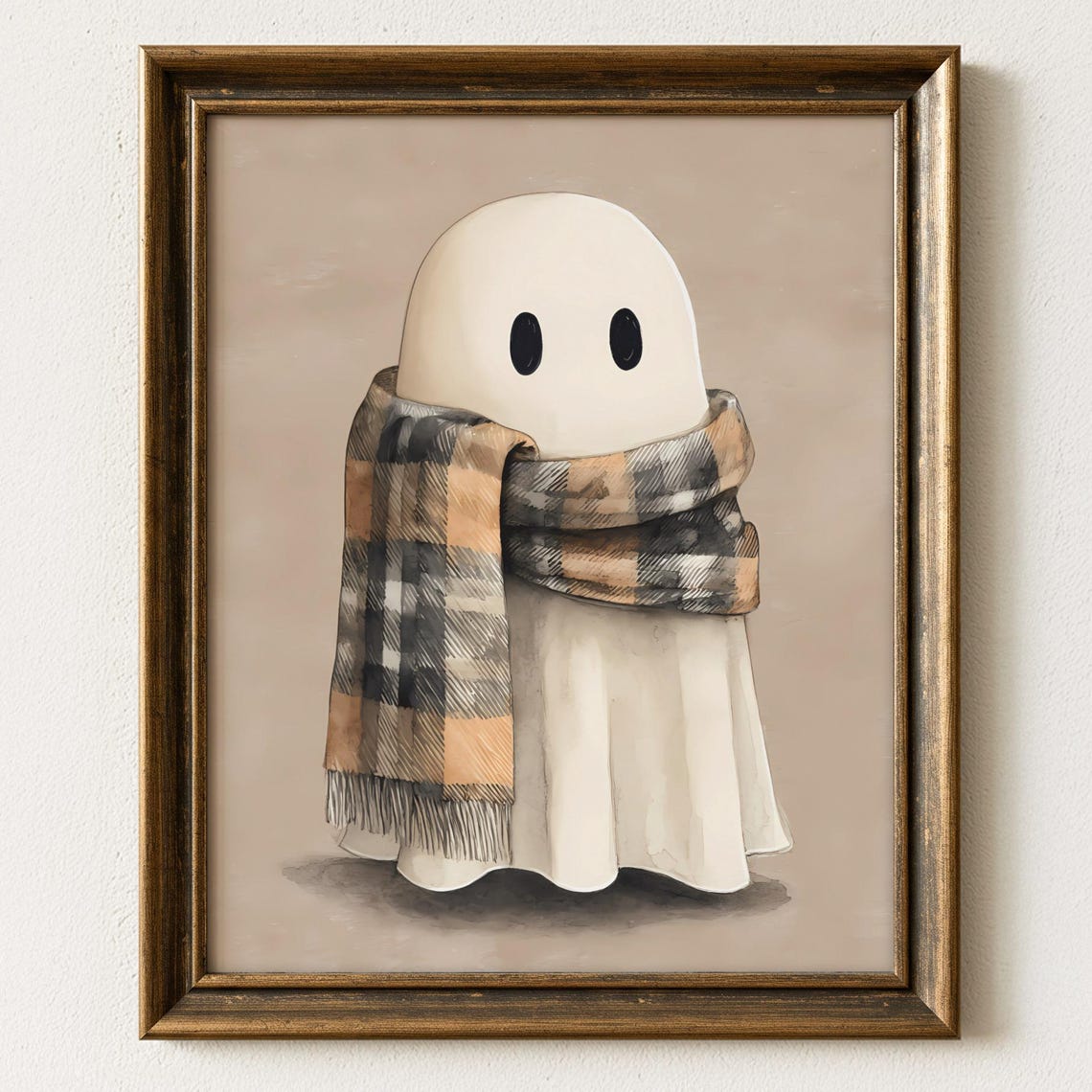 Cute Little Ghost in Plaid Scarf Neutral Halloween Decor Poster