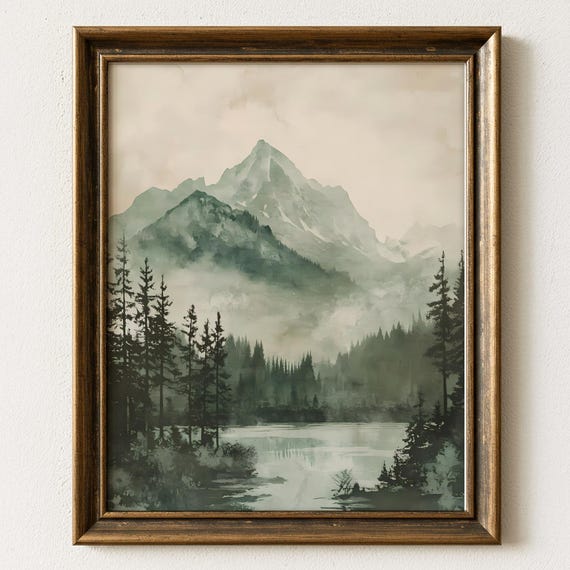 Mountain Landscape Wall Art Nature Forest Lake Painting Rustic Cabin Decor Vintage Style For Bedroom Living Room