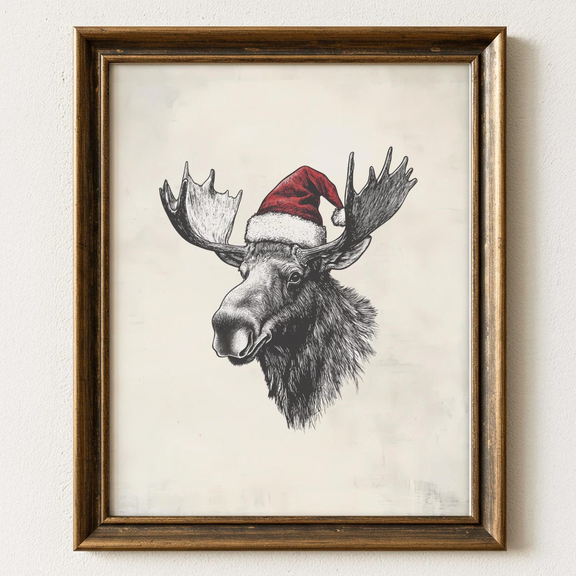 Christmas Moose Wall Art Holiday Decor Santa Hat Animal Illustration Rustic Winter Whimsical Cabin Print