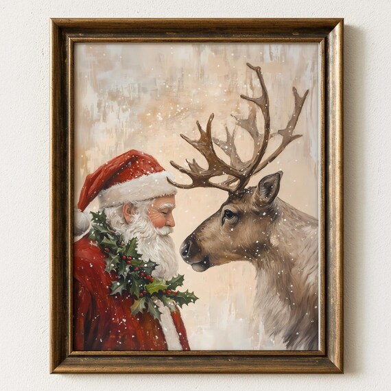 Santa Claus and Reindeer Snowy Meeting Rustic Christmas Painting Print