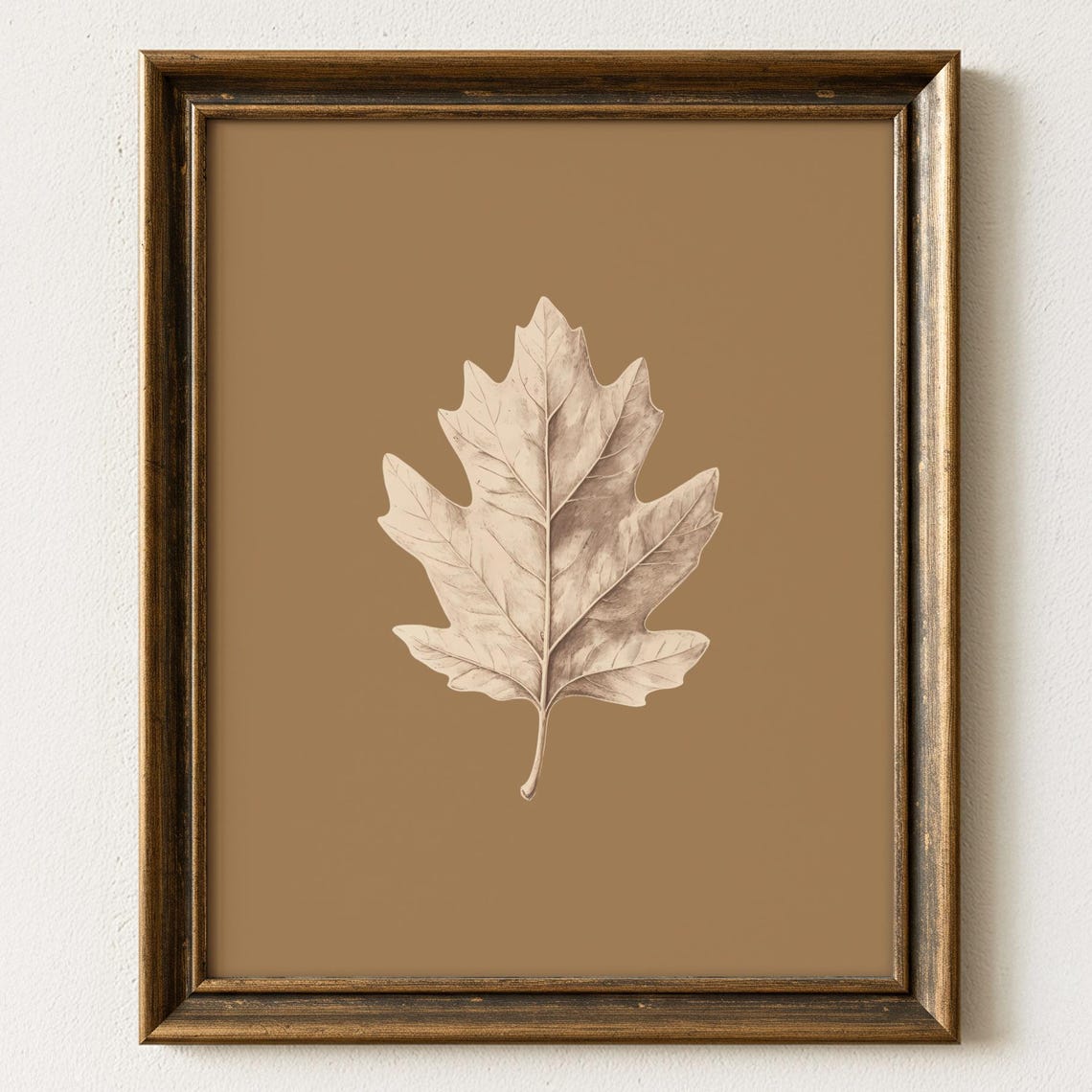Vintage Oak Leaf Wall Art Minimalist Botanical Study on Brown