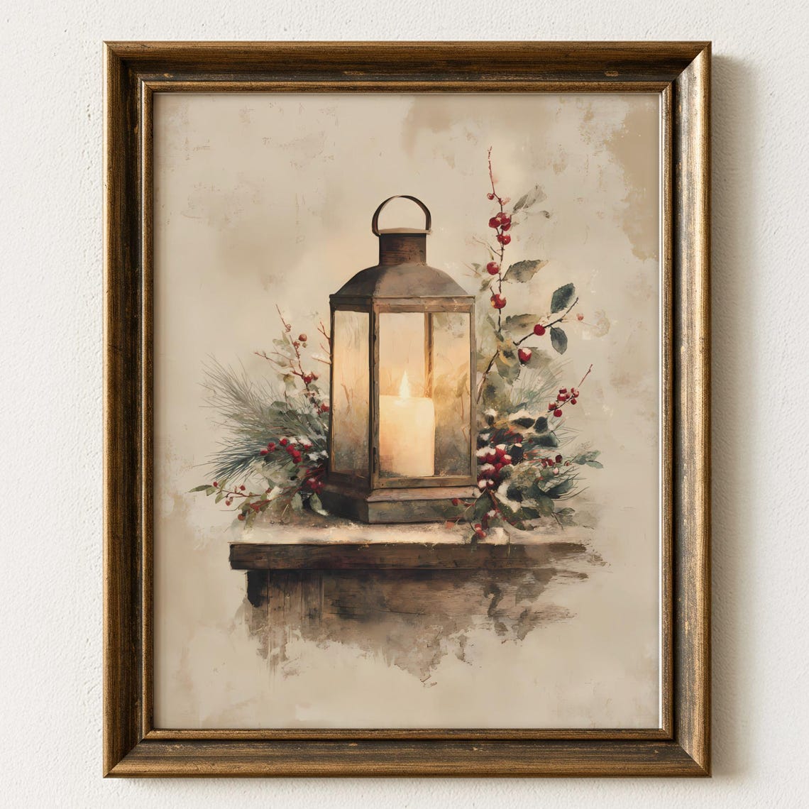 Rustic Christmas Lantern Candle With Winter Berries Holiday Poster