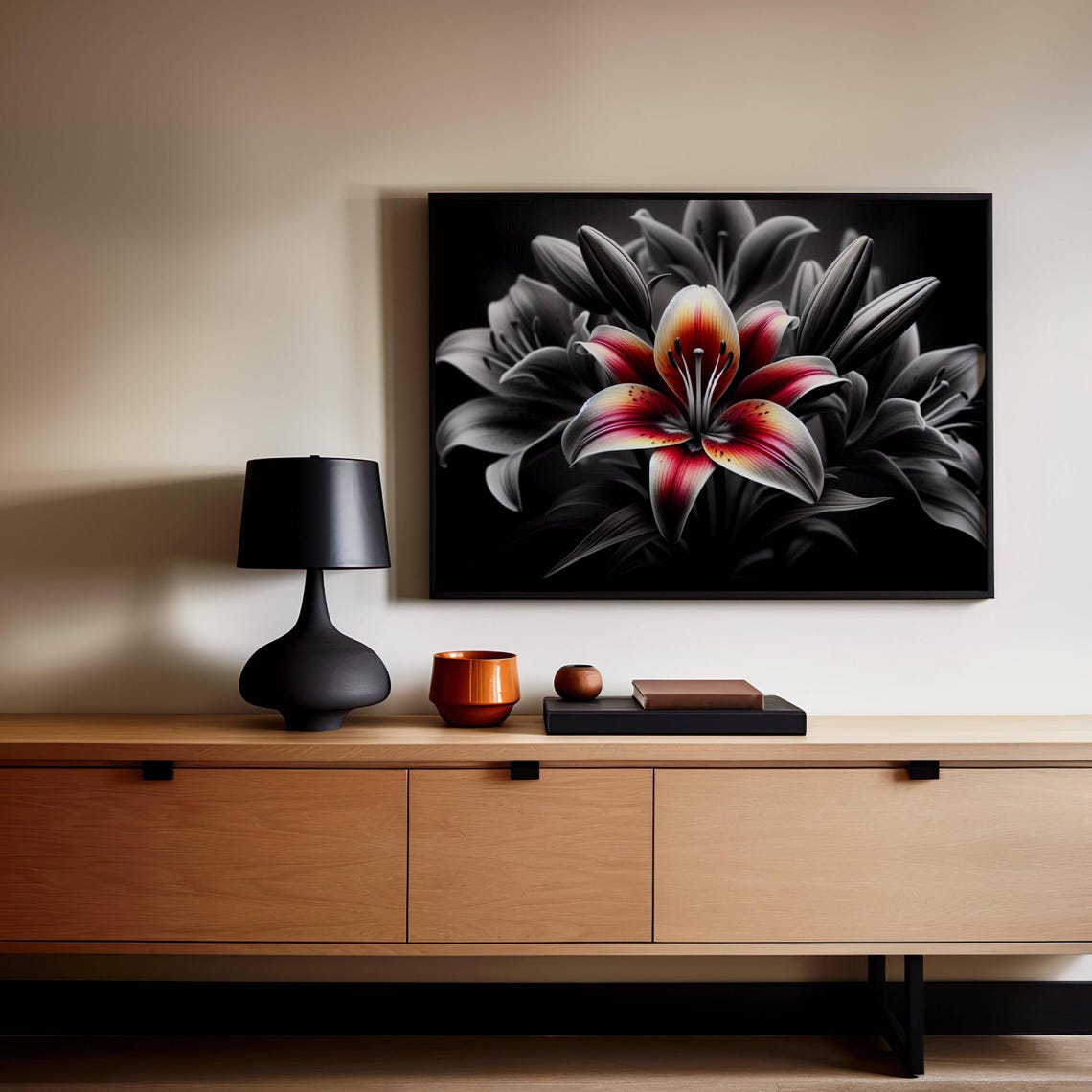 Color Pop Red Lily Flower Blooming On Black And White Photo Poster - Image 2