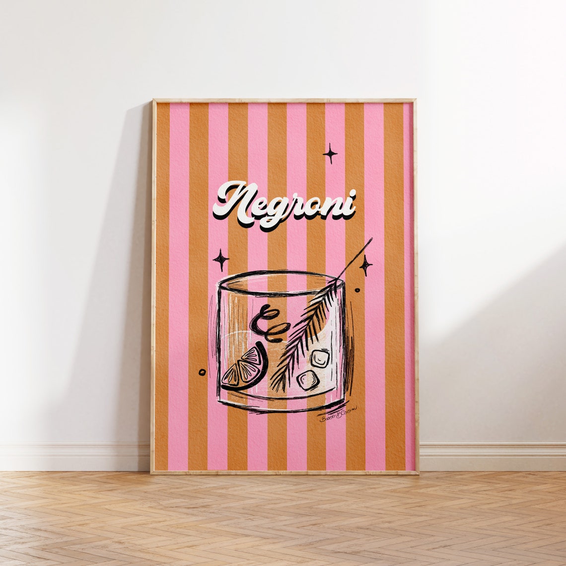 Negroni Cocktail Pink Orange Striped Retro Kitchen Art Poster