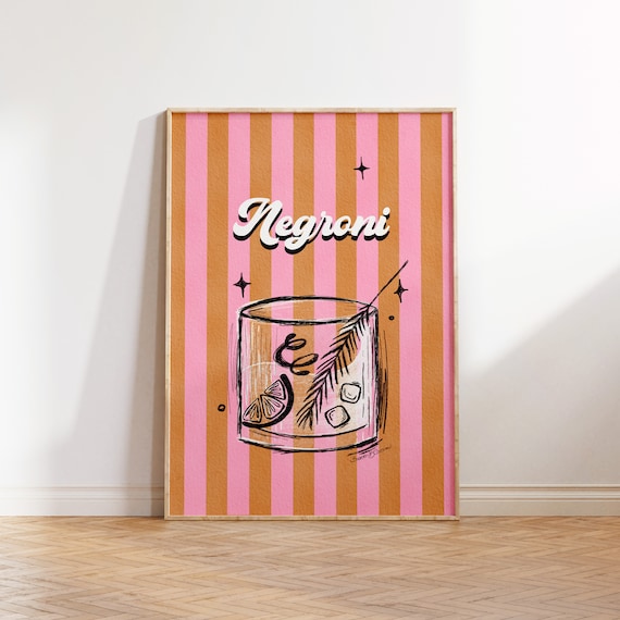 Negroni Cocktail Pink Orange Striped Retro Kitchen Art Poster