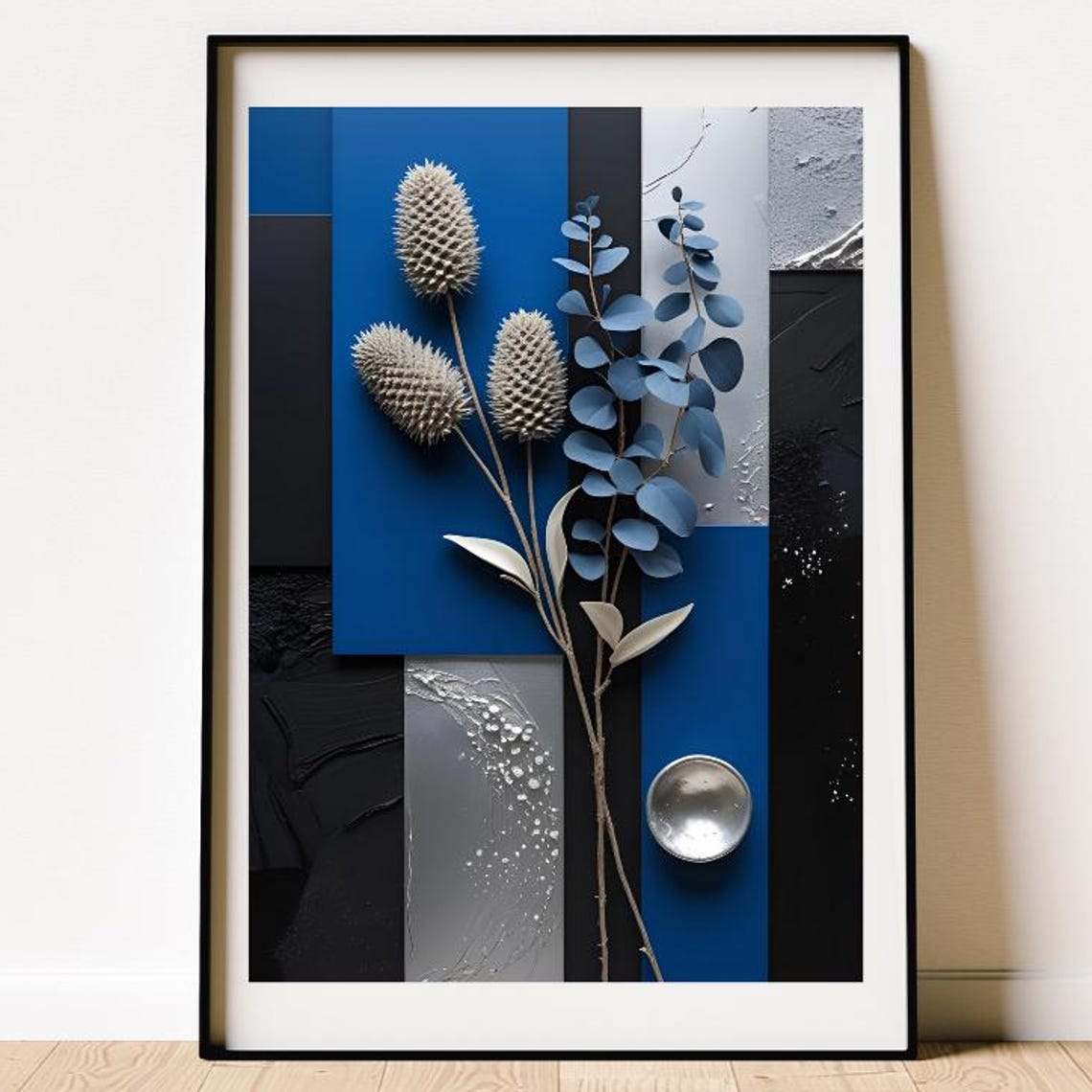 Blue Geometric Panel Silver Seed Head Botanical Abstract Art Poster