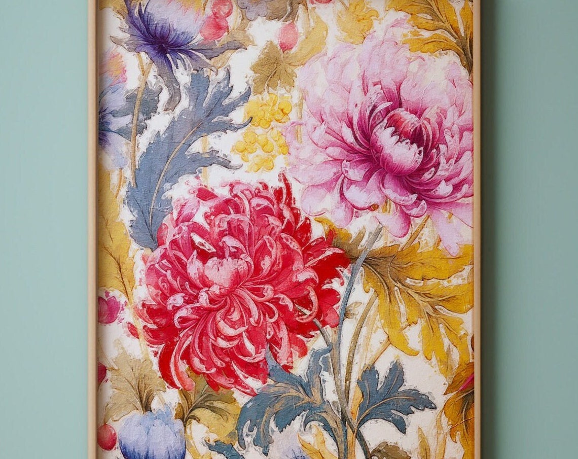 Chrysanthemum Blossoms Art Nouveau Style Floral Wall Art Piece - Image 3